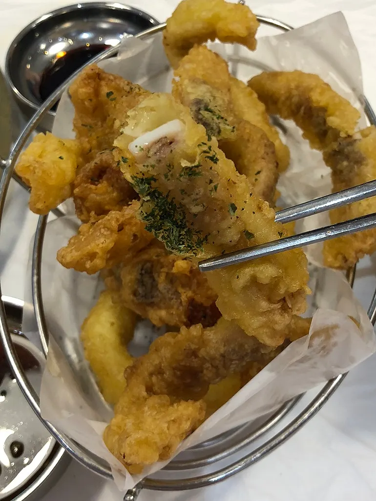 Thick squid pieces visible inside the fried batter
