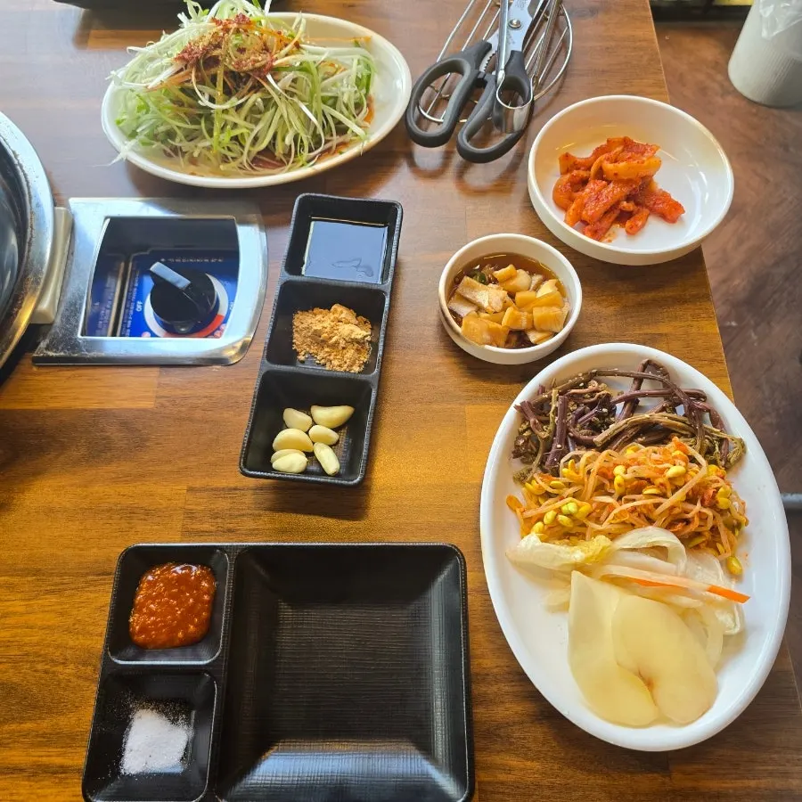 Basic table setting with soy sauce and bean flour