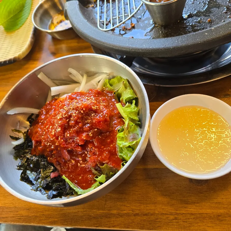 A bowl of Neolpanji's beef tartare bibim noodles