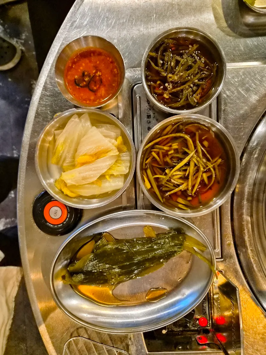Basic banchan spread at Dwaeji Gongbang