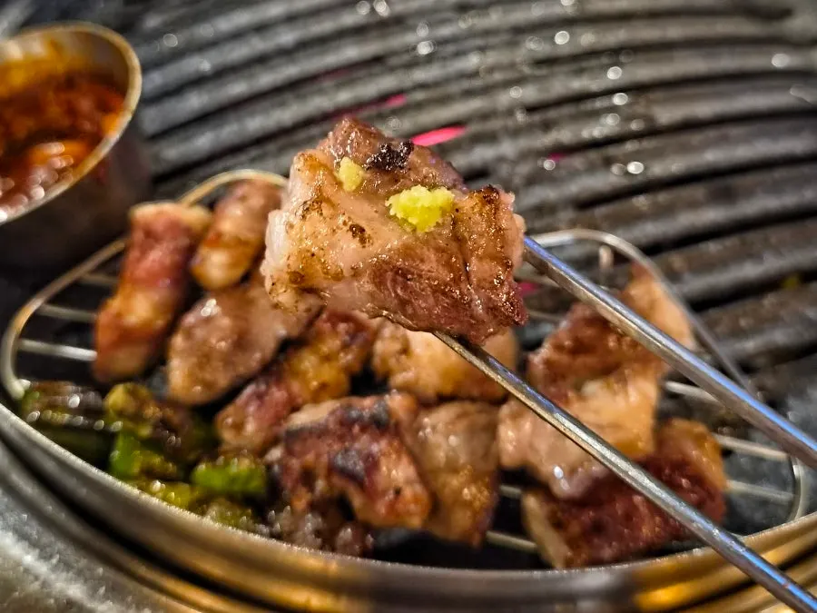 Iberico pork neck dipped in wasabi