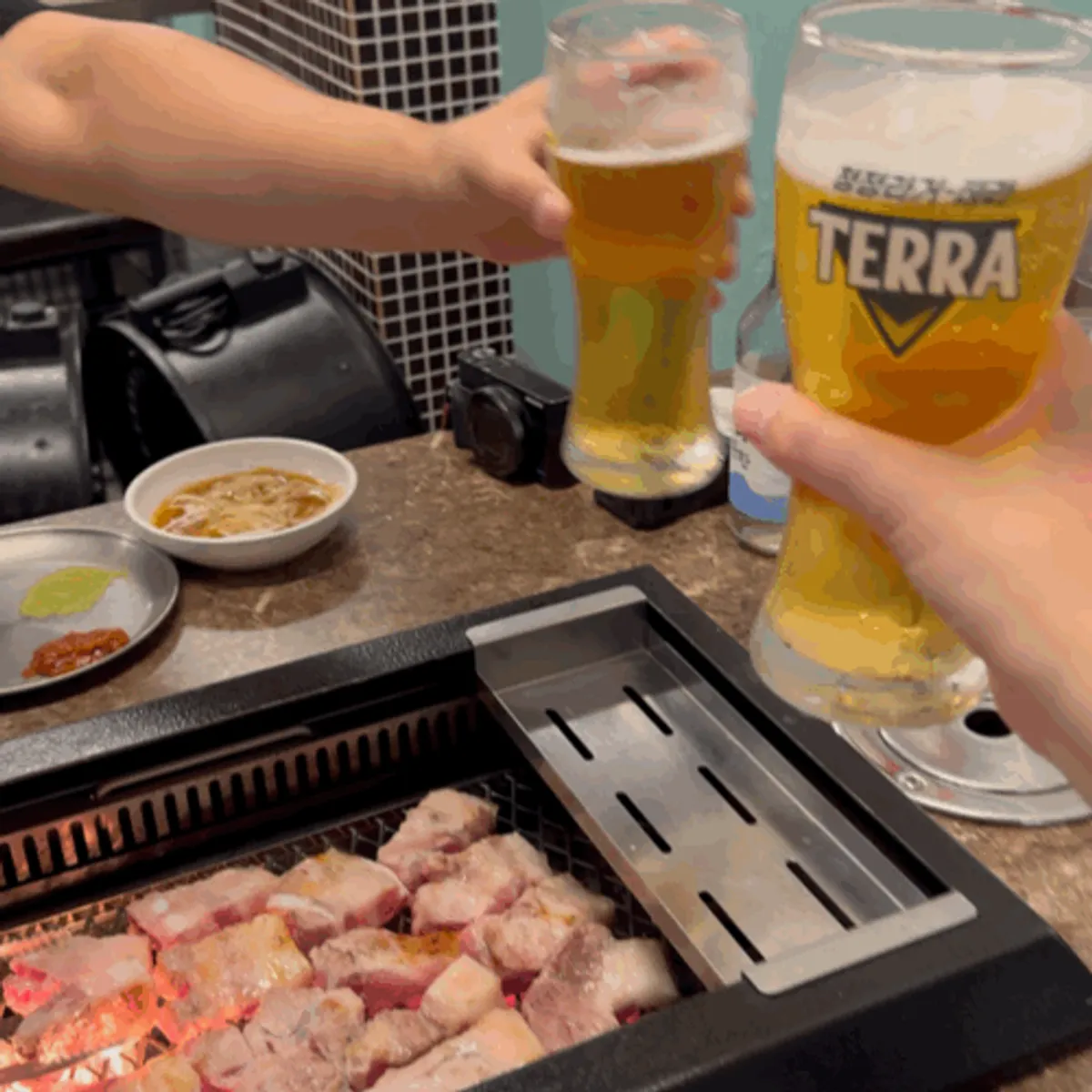 Nanchuk Matdon black pork grill and Hallasan-Terra soju at Pork80 Jeju Airport Branch