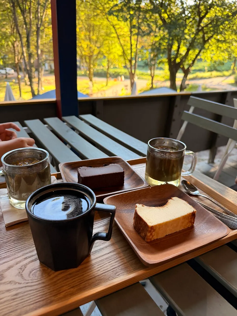Drinks and two slices of cake by the sunlit window