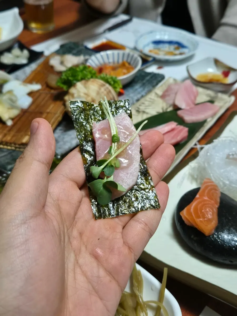 Close-up of well-marbled tuna sashimi