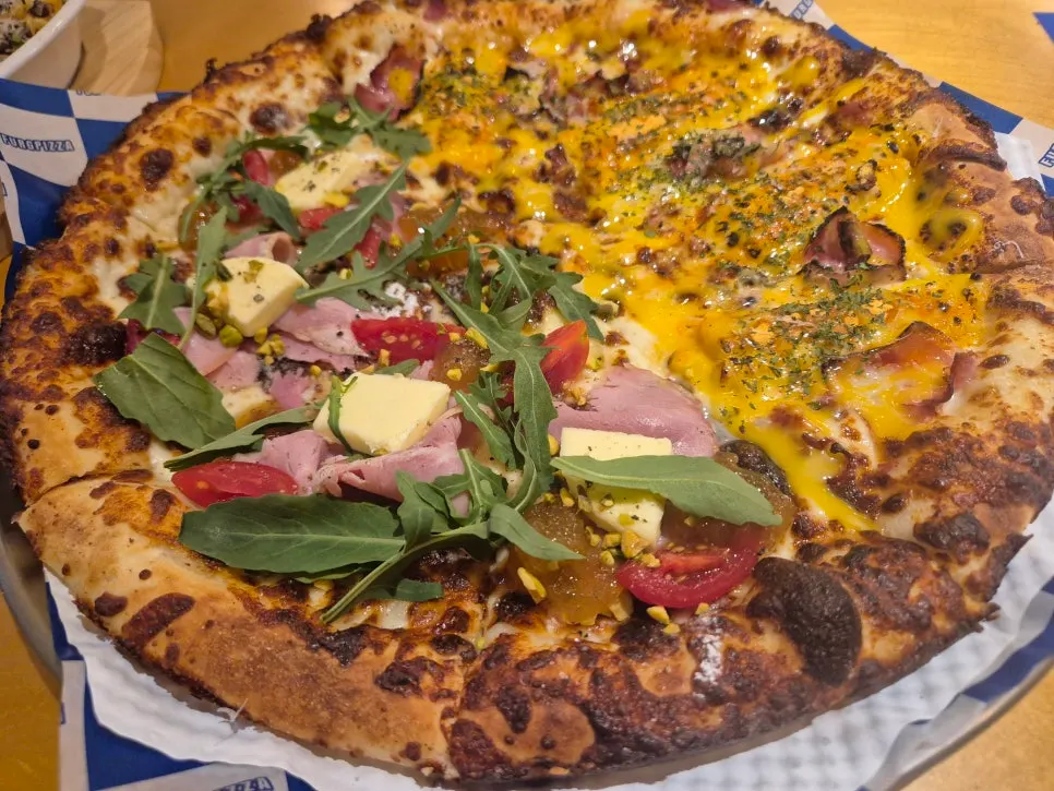 Full spread of the half-and-half pizza and pasta set