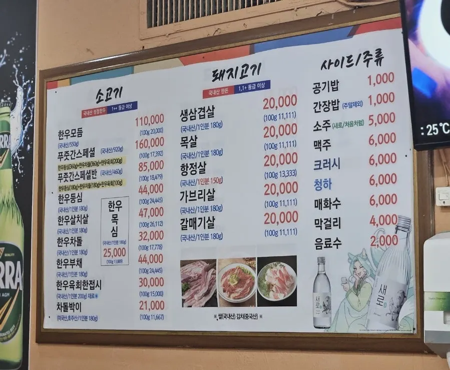 Menu Pujutgan Saenggogi-jeom dengan daftar potongan hanwoo dan handon