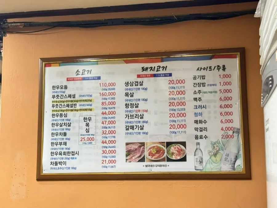 Menu listing Korean beef and pork options