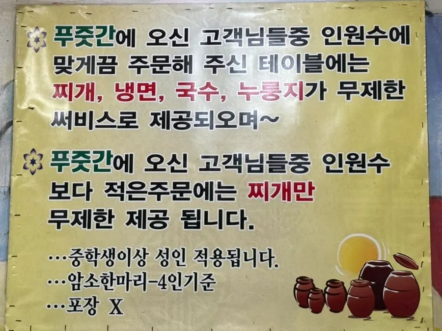 Sign explaining the unlimited cold noodles, janchi-guksu, nurungji, and stew service