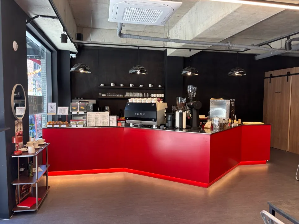 Interior of Pulse Line Coffee accented with black and red