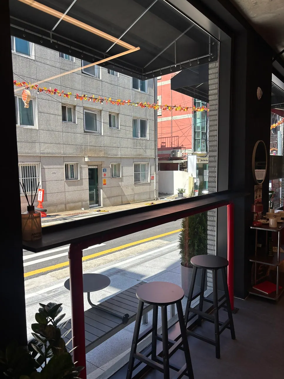 Bar seating by the window with a view outside