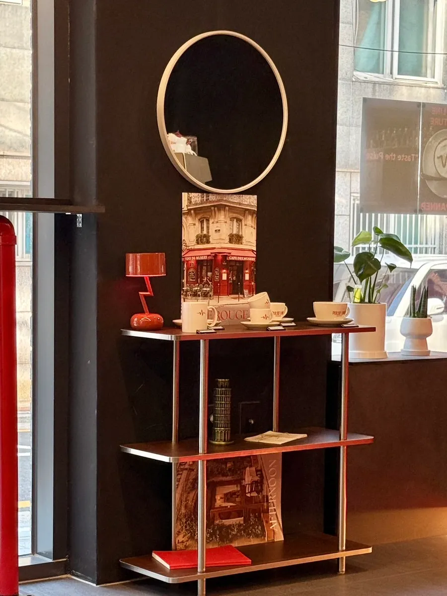 Display near the coffee bar at Pulse Line Coffee