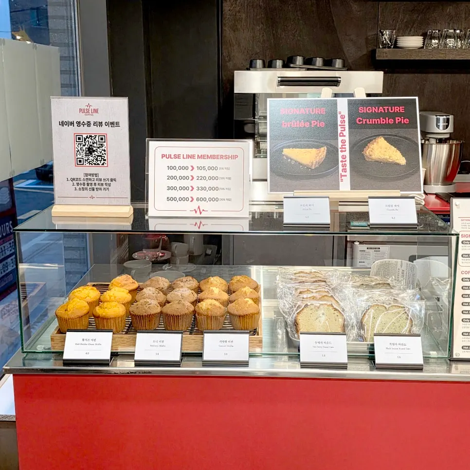 Display case of handmade desserts at Pulse Line Coffee