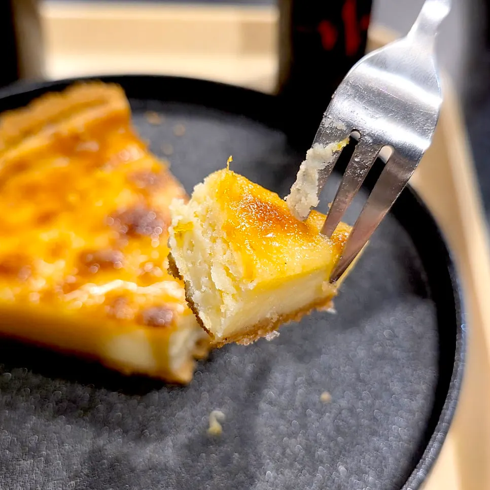 Cross-section of the handmade brûlée pie cut with a fork