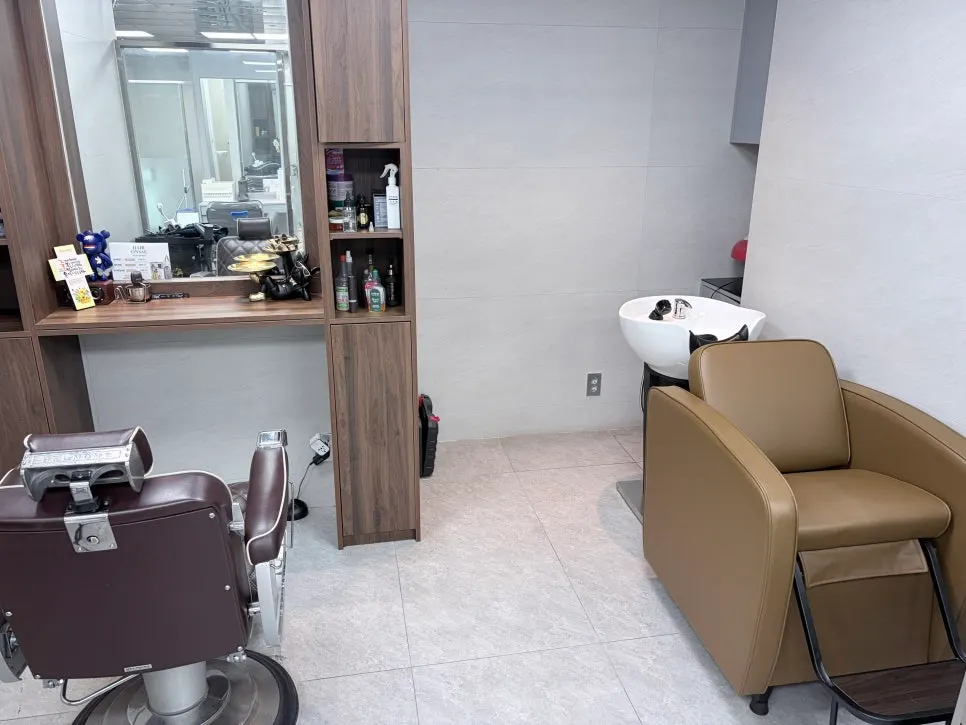 Wide shot of the salon interior