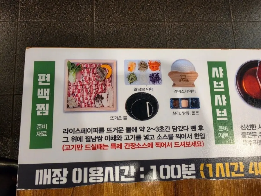 Menu board with all-you-can-eat pricing at Pyeonbaek Hoegwan