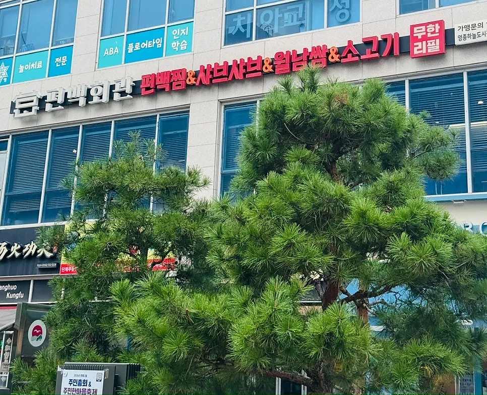 All-you-can-eat shabu-shabu spread at Pyeonbaek Hoegwan Main Branch in Yeongjong