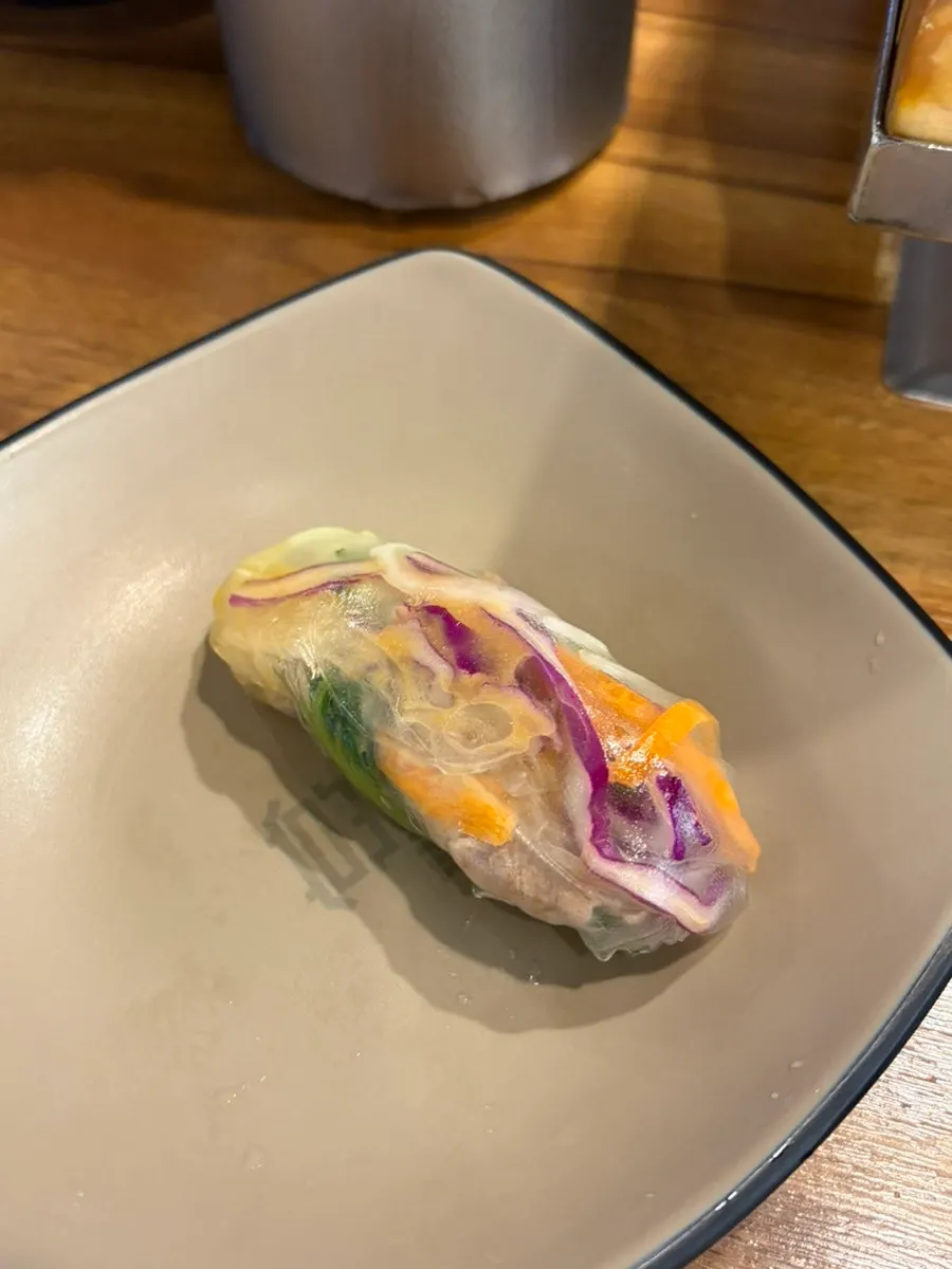 Peanut, chili, and soy sauce dips for the rice-paper rolls