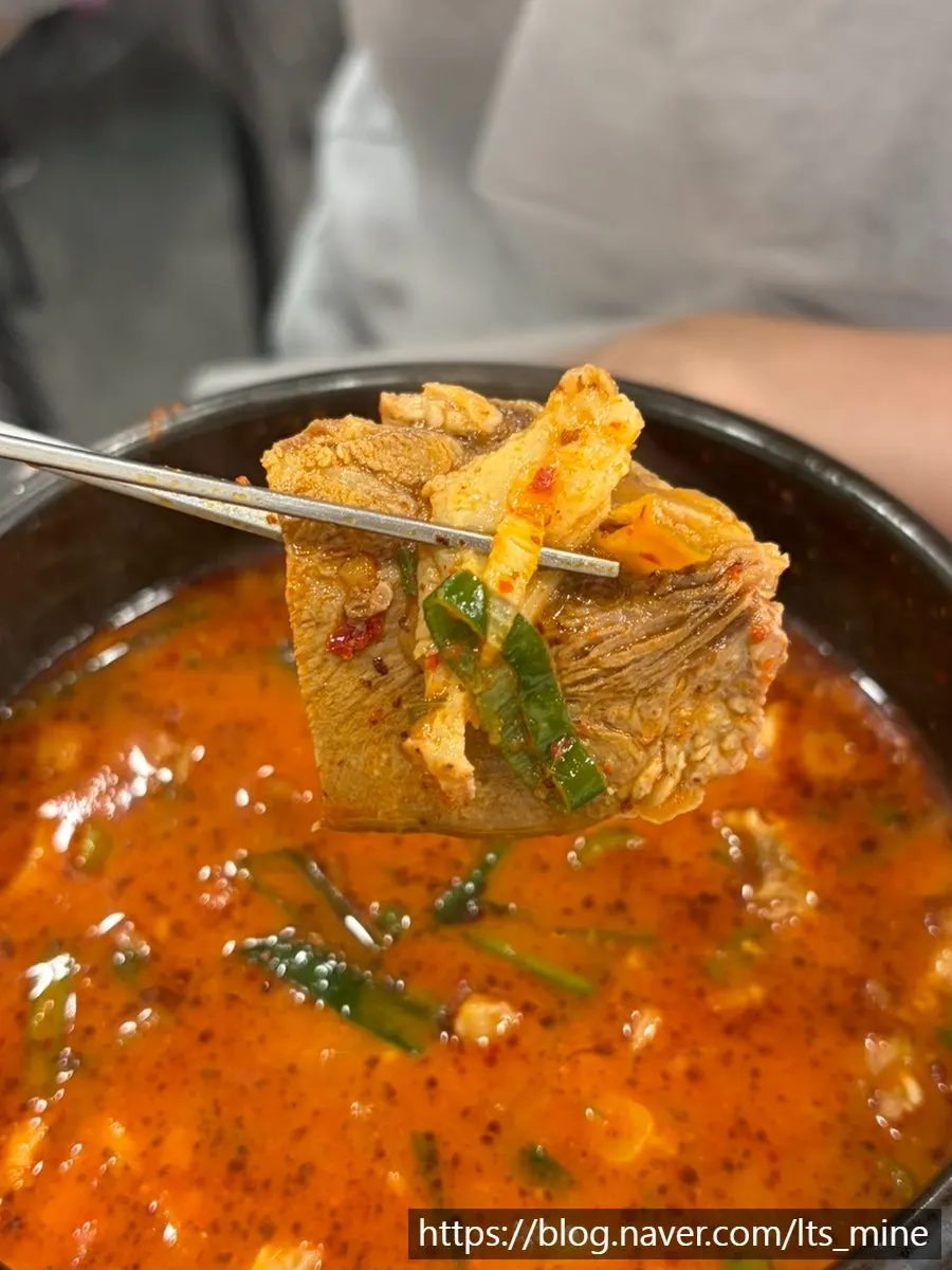 Broth and meat from the spicy sundae-guk