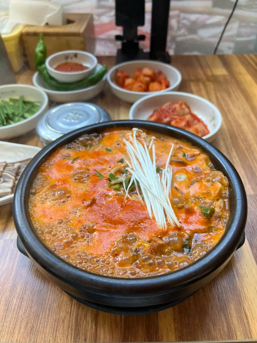 Spicy haejang-guk served in a stone pot