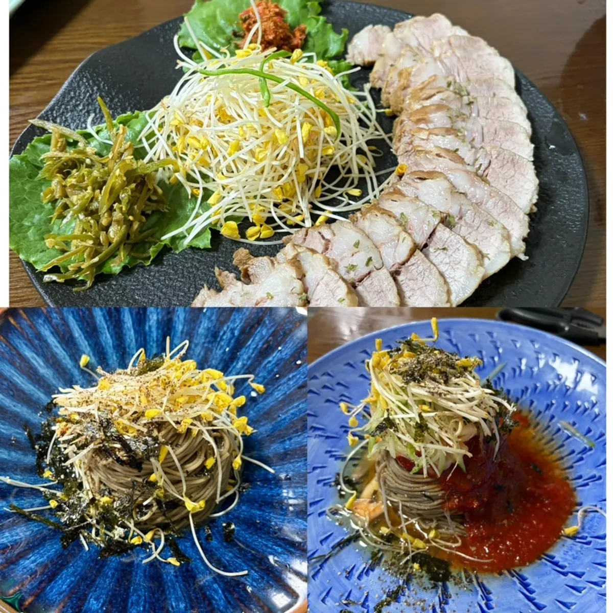 A representative spread of buckwheat noodles at Bongpyeong Memil Migayeon