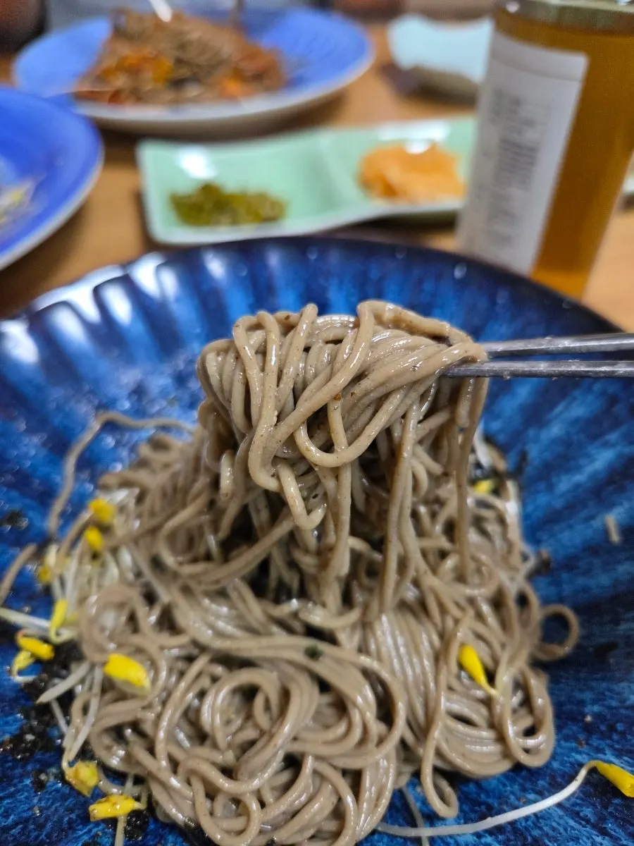 Close-up of the buckwheat migamyeon noodles and buckwheat sprouts