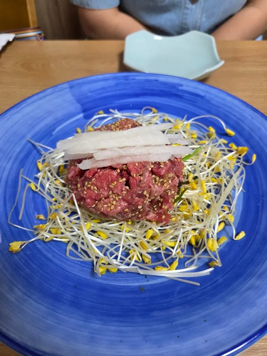 A plate of buckwheat sprout beef tartare, ₩25,000