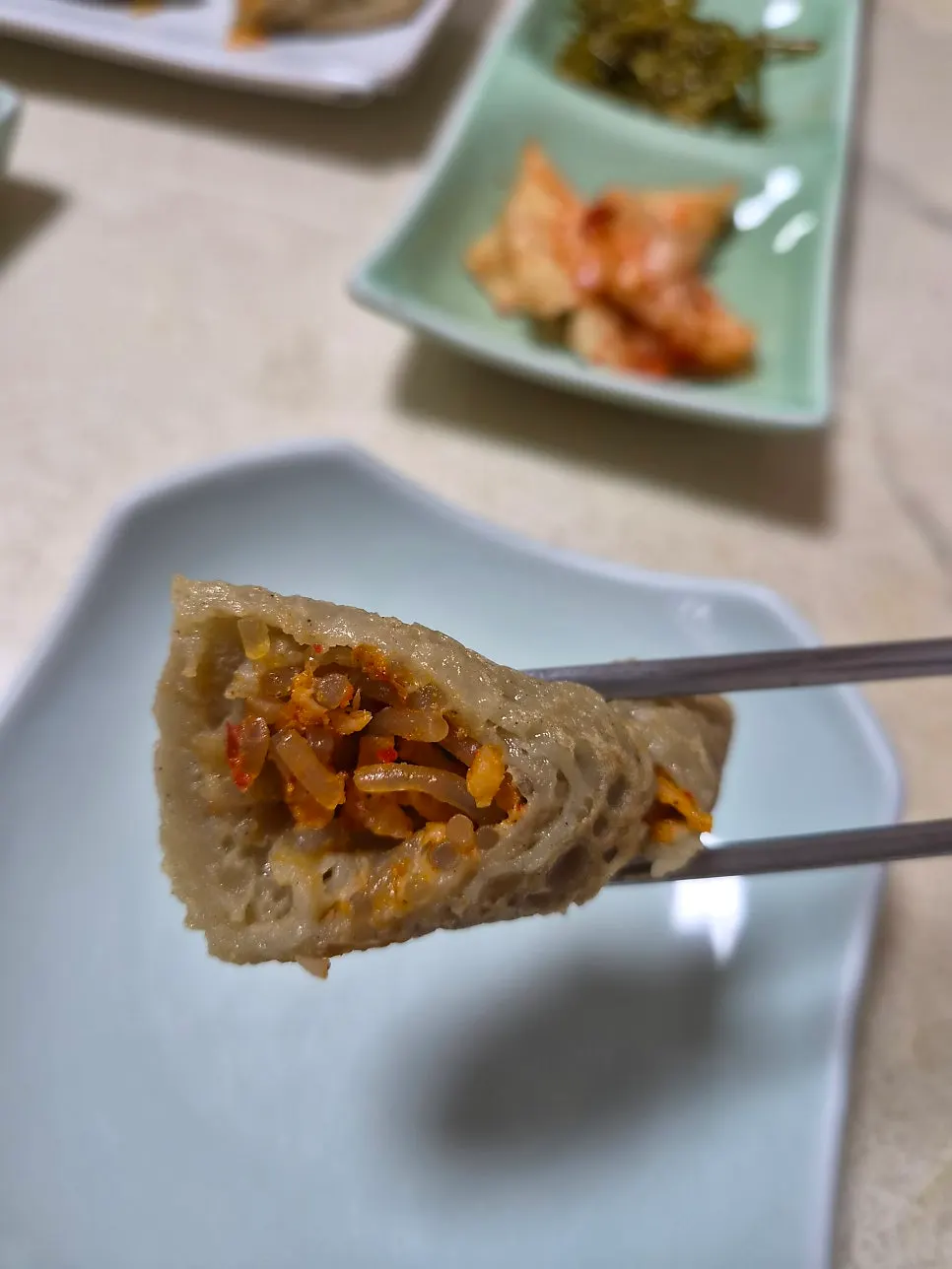Cross-section of the buckwheat pancake showing the filling