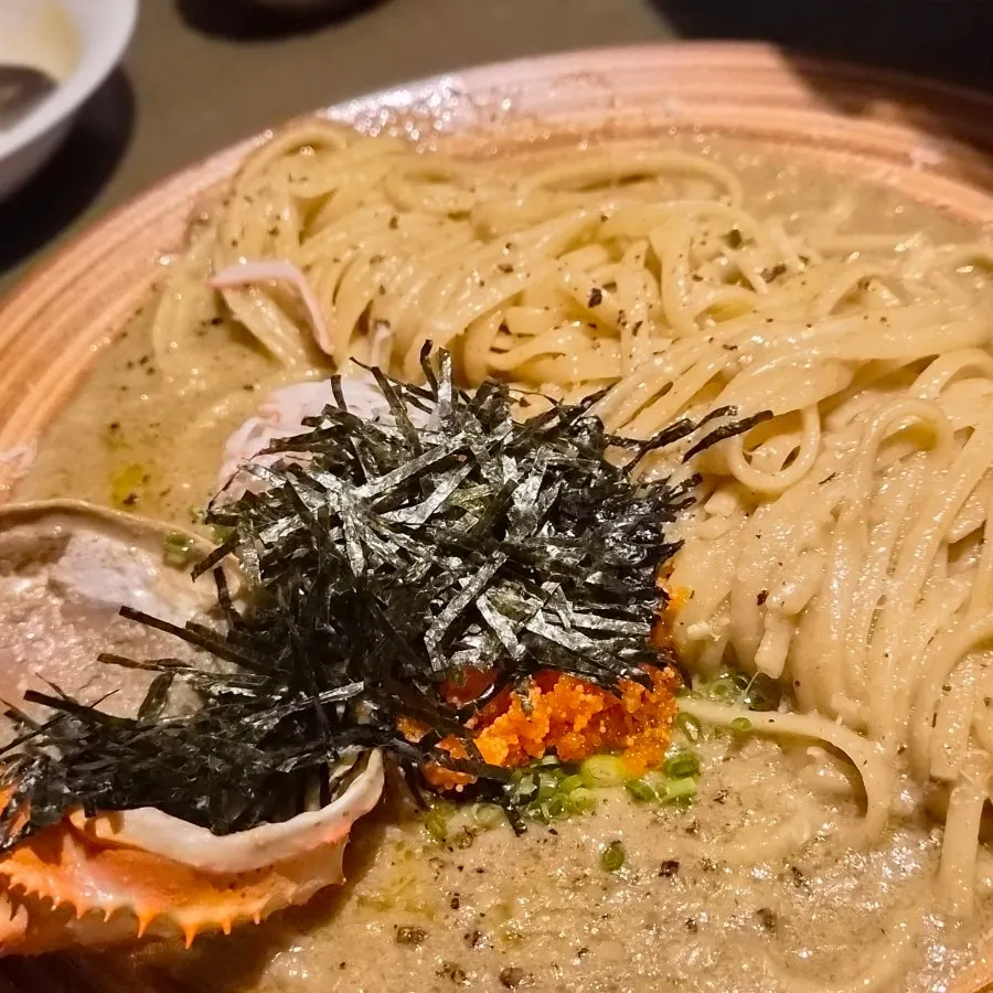 Kani miso pasta with the crab shell turned over
