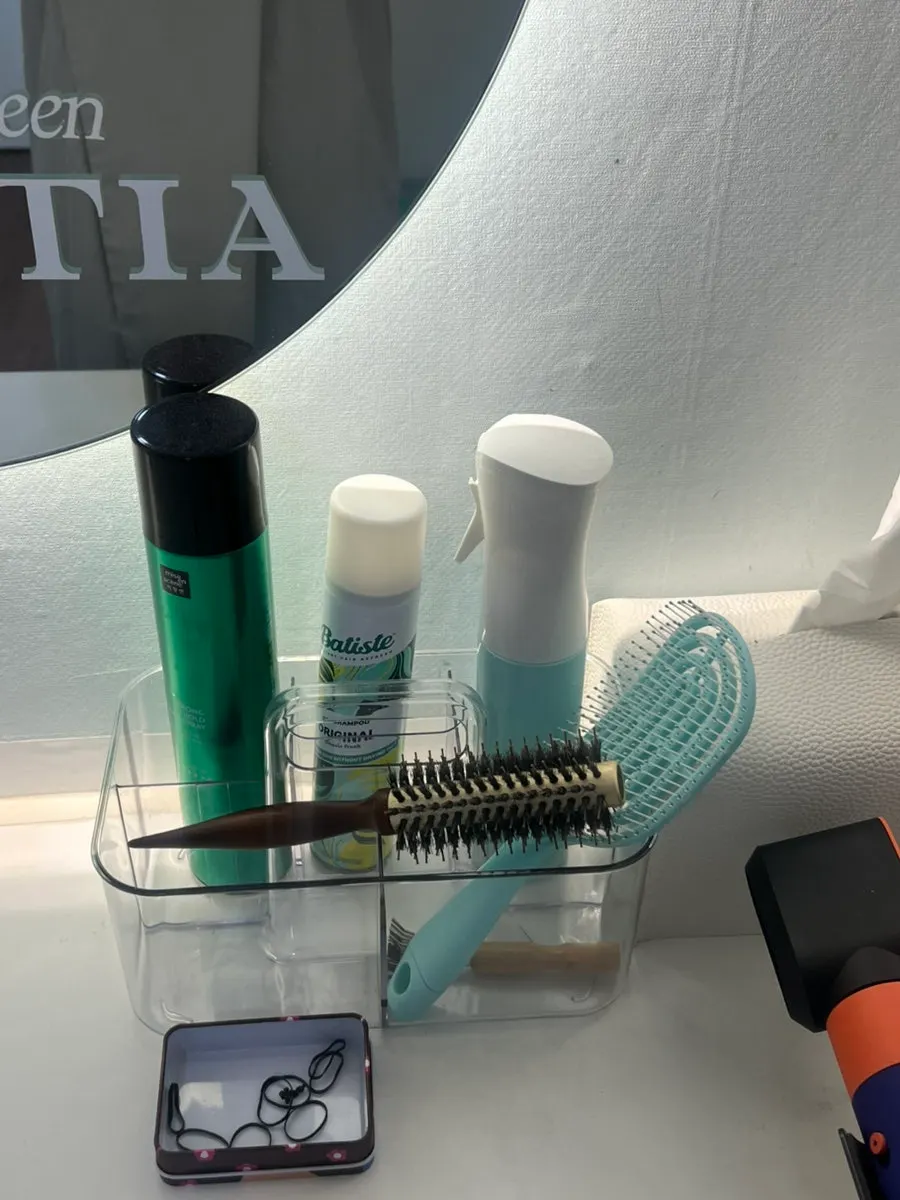 Powder room with dry shampoo and other touch-up products