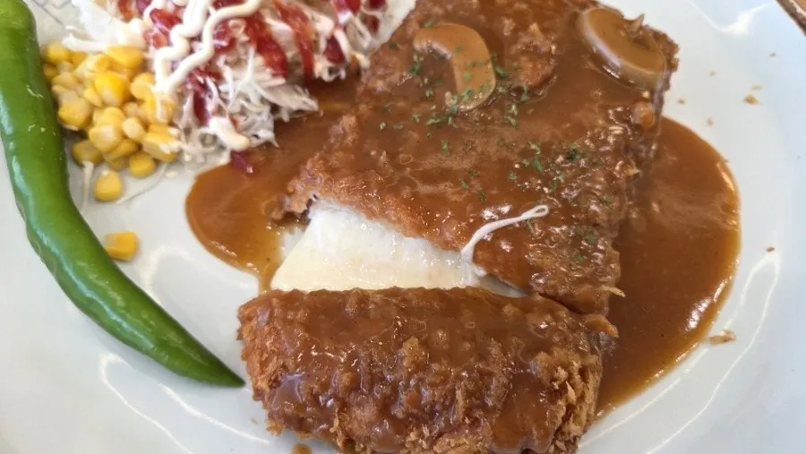 Donkatsu sauce with button mushrooms
