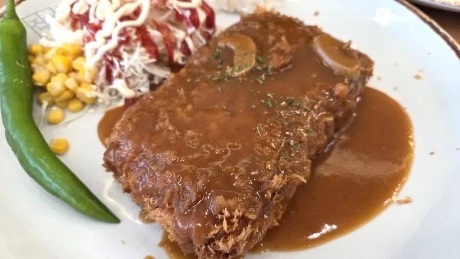 Cross-section of donkatsu showing crispy breading