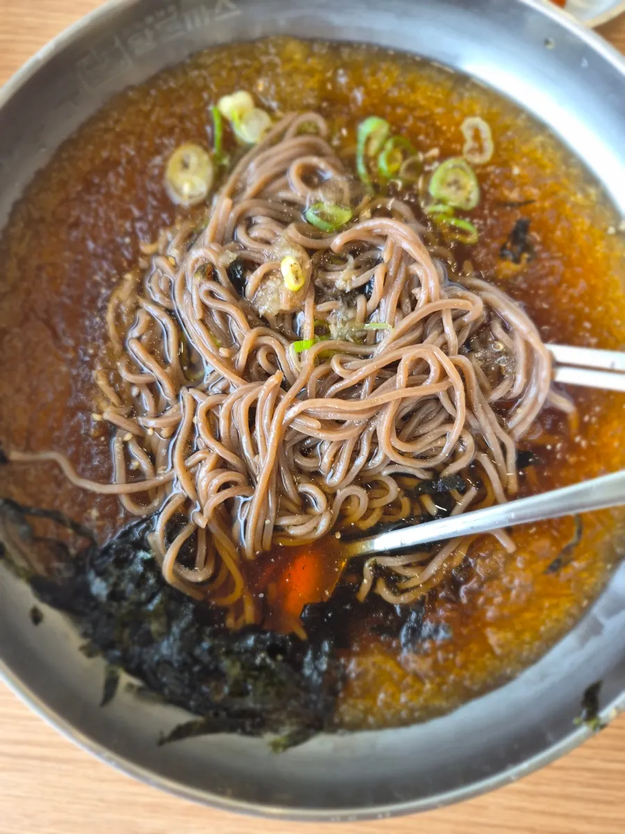 A bite of buckwheat noodles from the cold soba