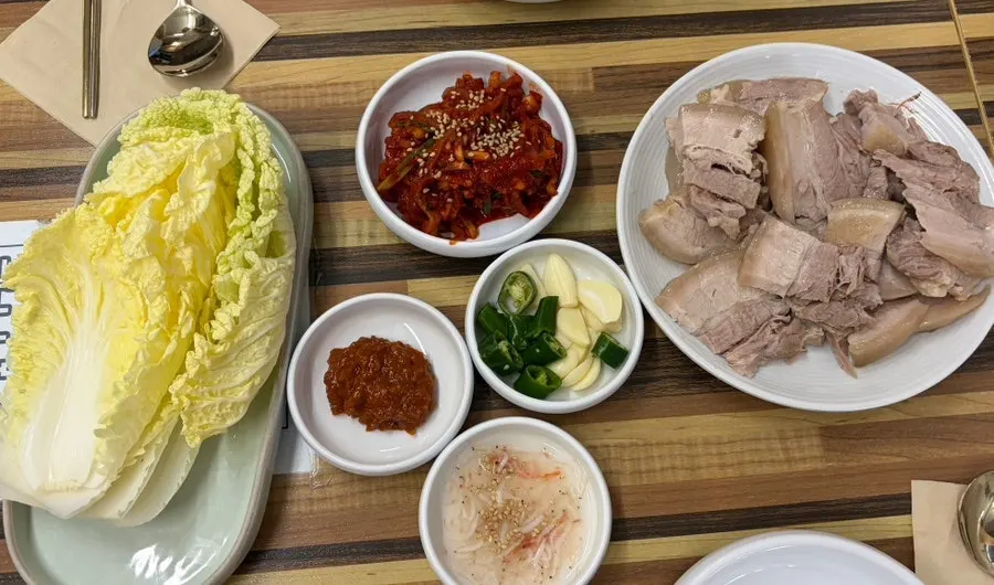 Full table spread with medium bossam