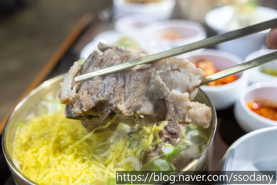 면과 고기가 넉넉하게 담긴 뼈칼국수 그릇