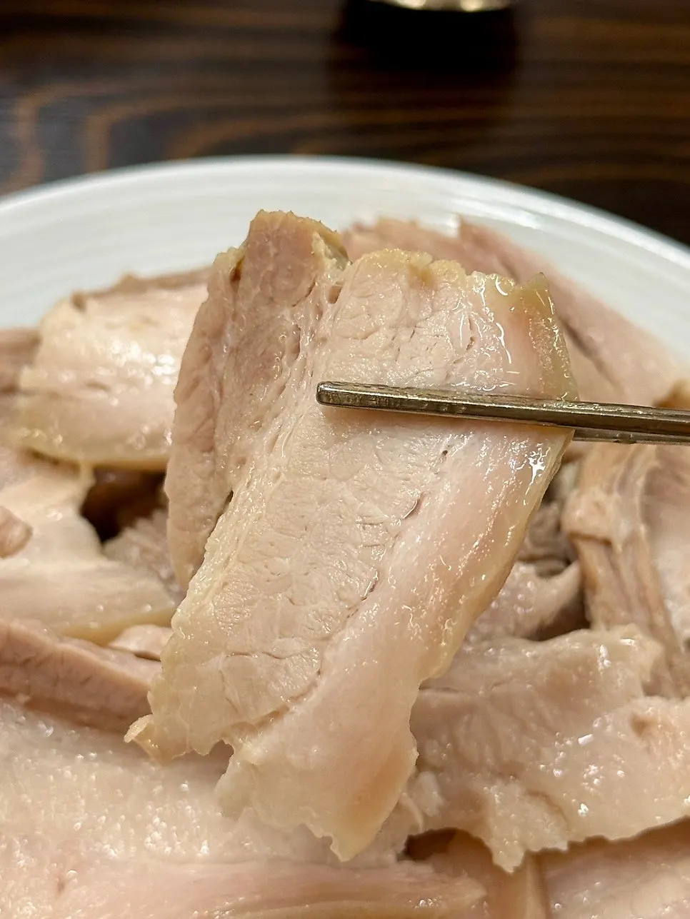 Close-up of thickly sliced bossam pork