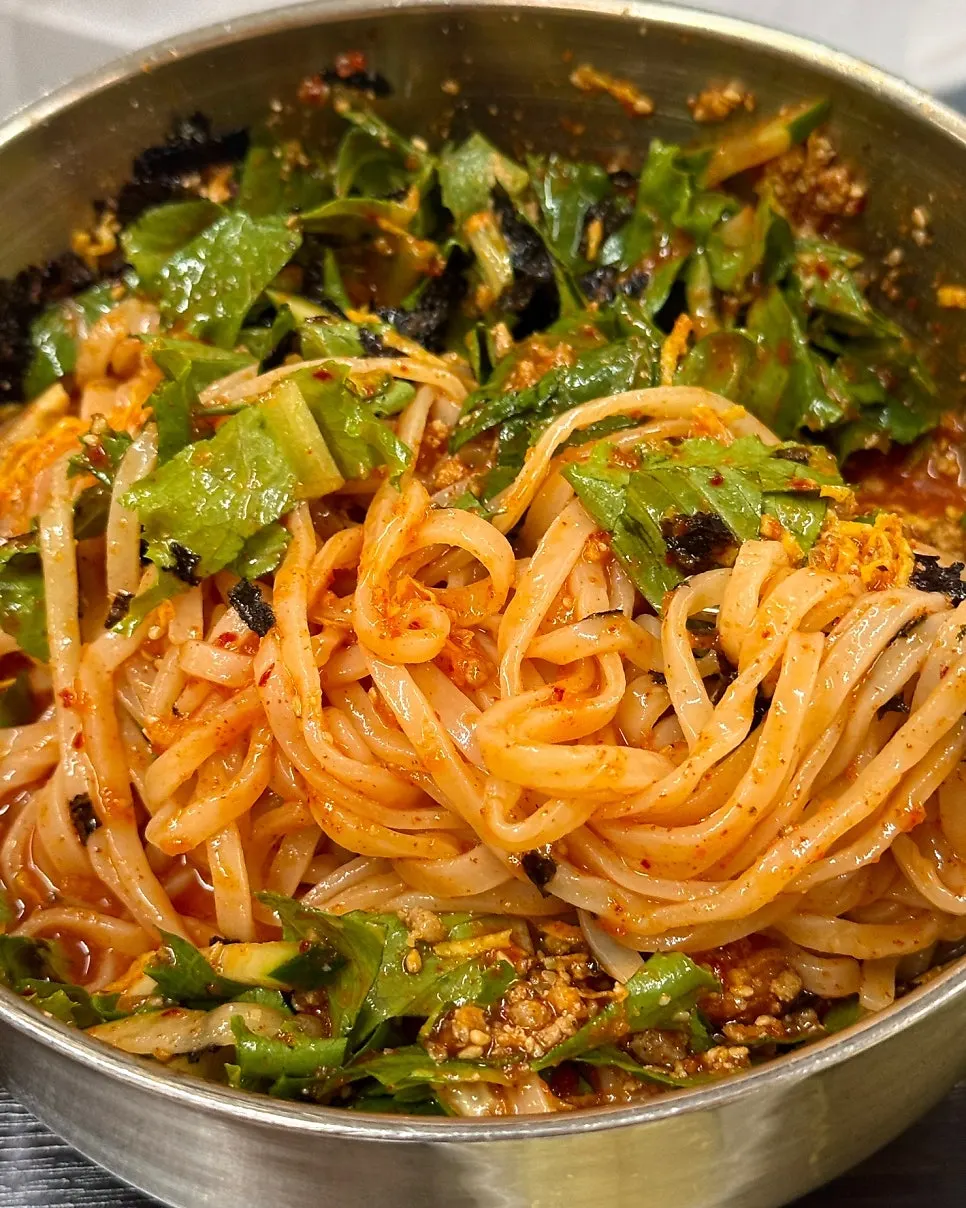 Bibim kalguksu noodles already mixed with sauce