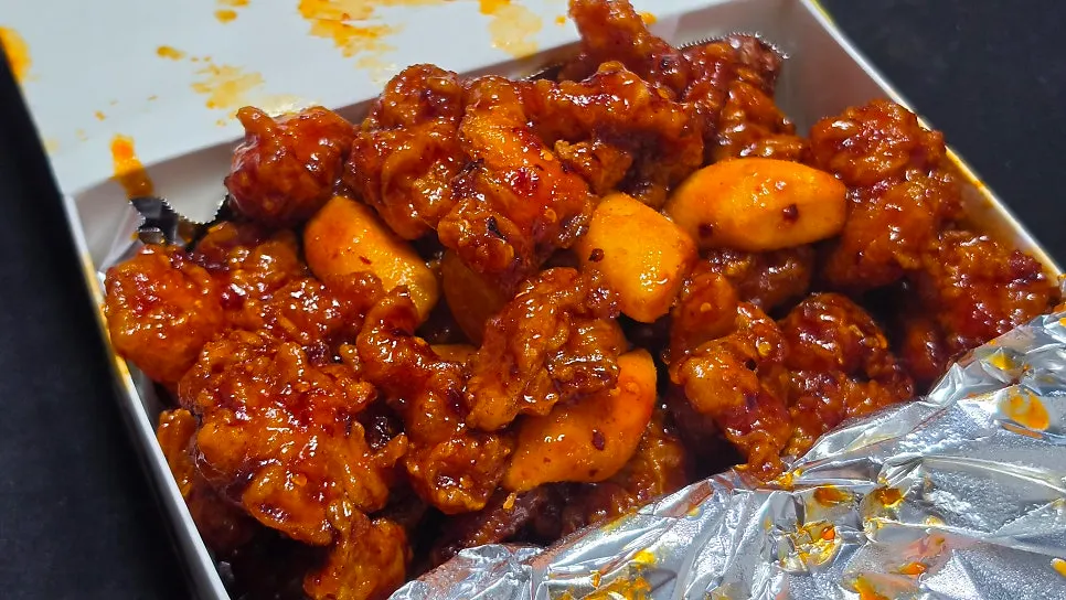 Spicy dakgangjeong at Pyeongjeong Dakgangjeong in Myeongmok Market