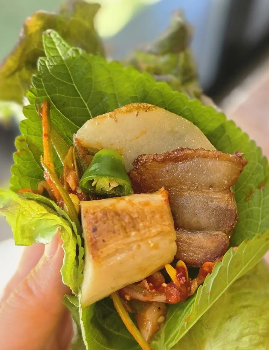 Frozen pork belly grilled with minari