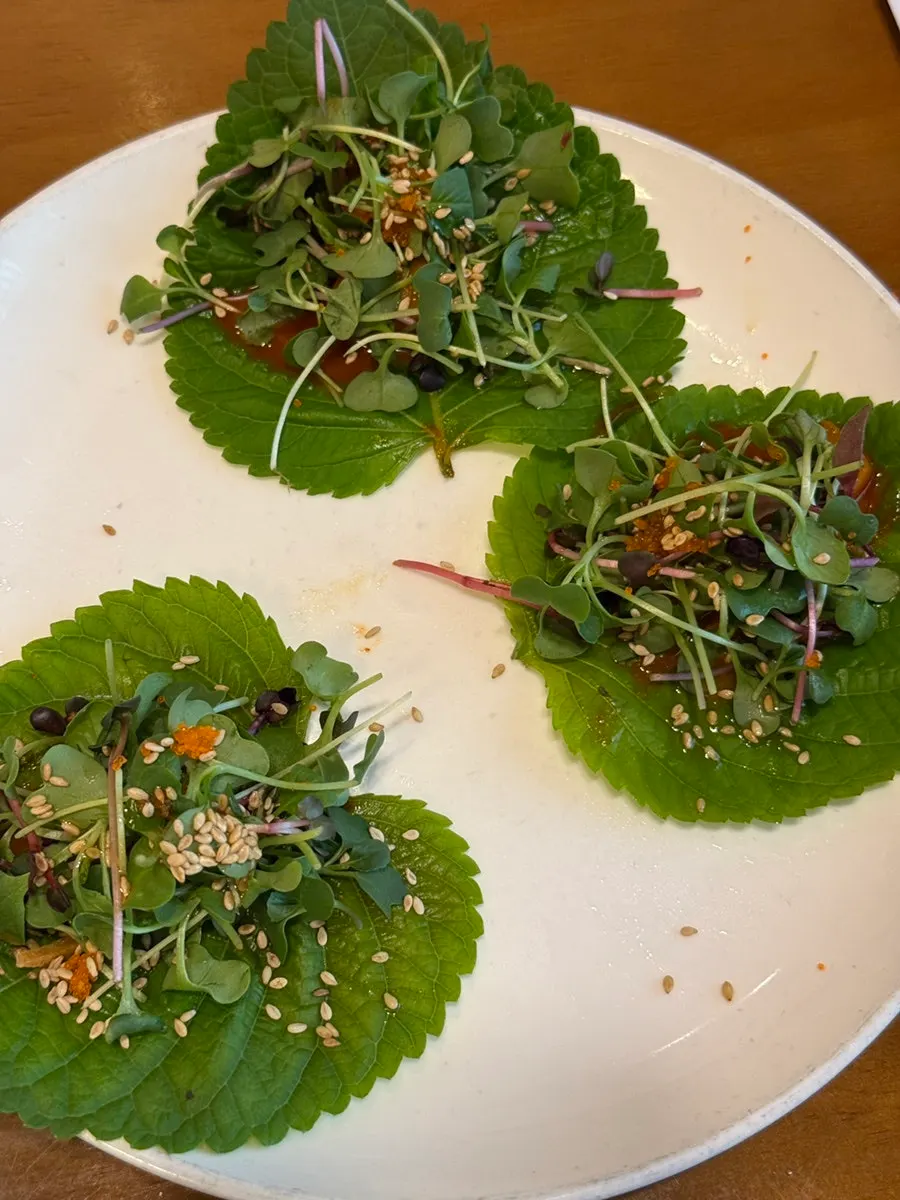 Vinegared salad topped with squid sashimi and flying fish roe