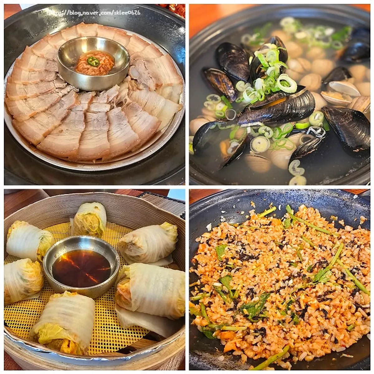 Two-person set spread with kalguksu, boiled pork, and napa cabbage dumplings
