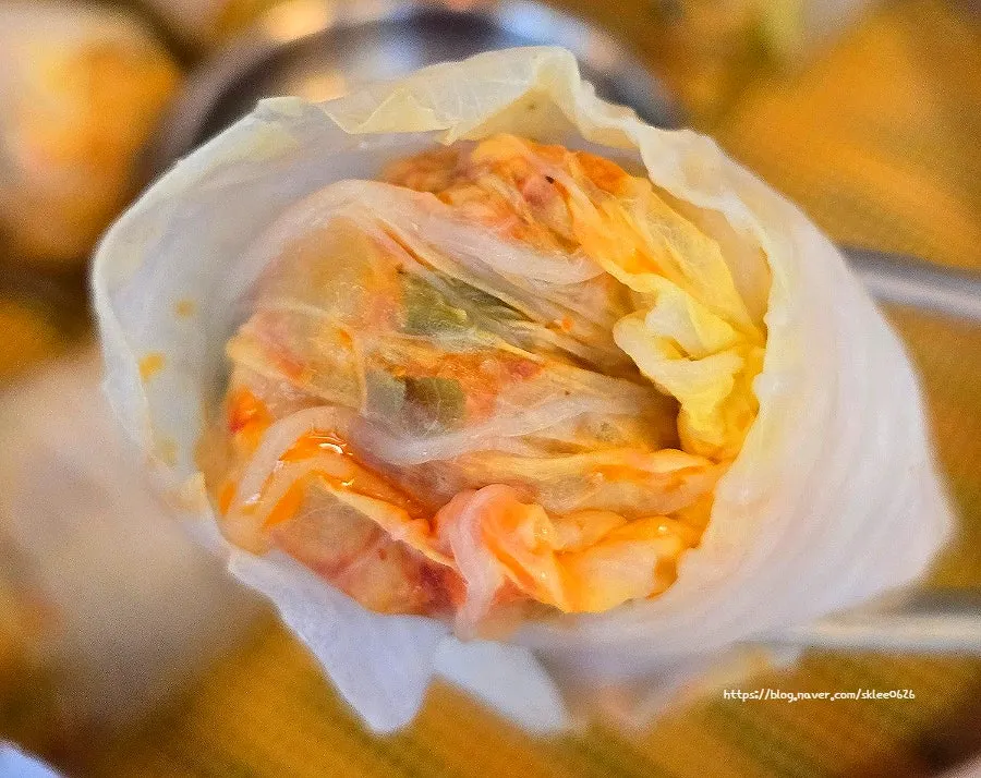 A napa cabbage dumpling dipped in soy sauce