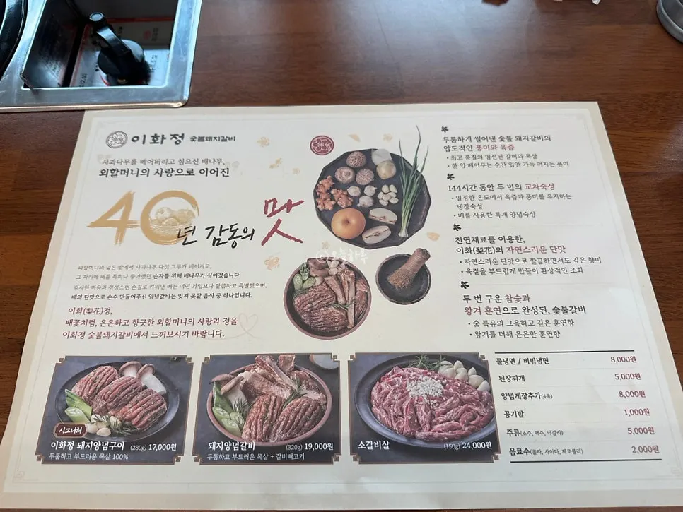 이화정 숯불돼지갈비 메뉴