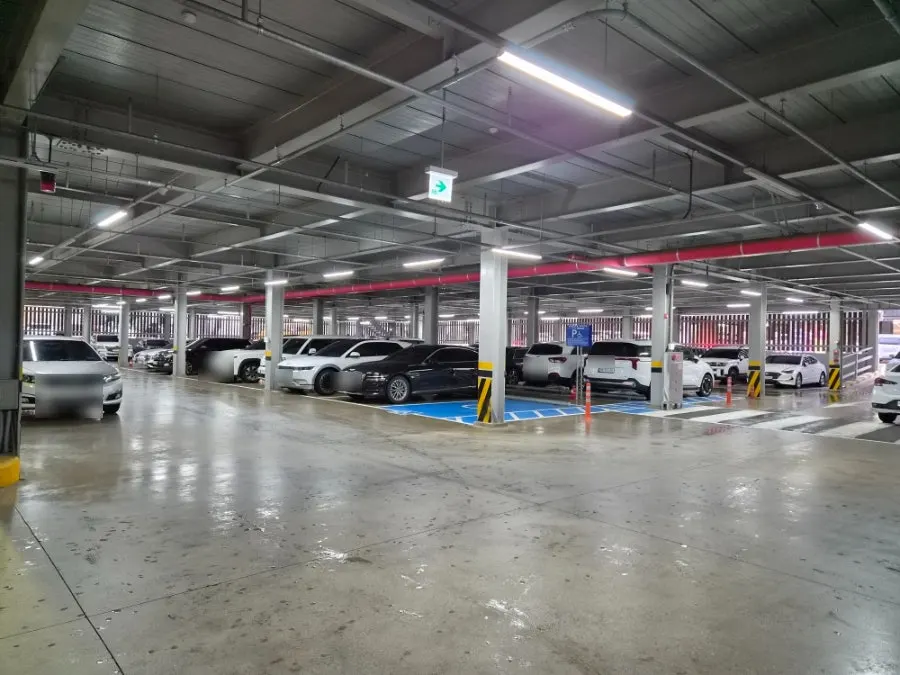 Inside the spacious parking lot with plenty of spots