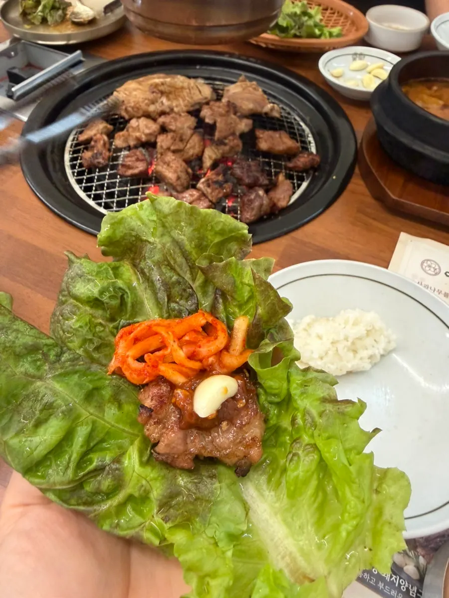 Pork galbi and beef rib meat on the charcoal grill