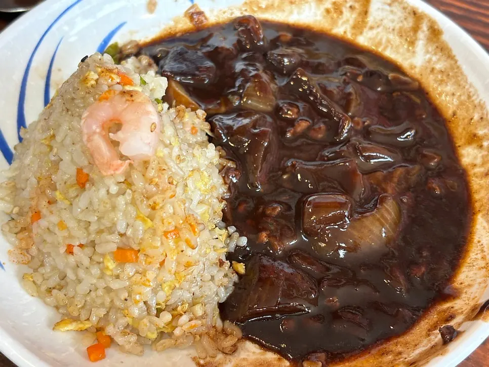 Shrimp fried rice mixed with jjajang sauce