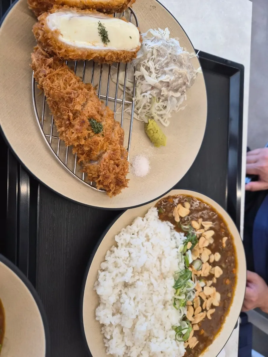 A full spread of tonkatsu and curry on the table