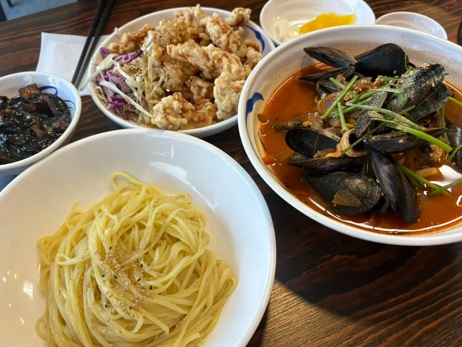 Jjambbong, ganjajang, and tangsuyuk meal