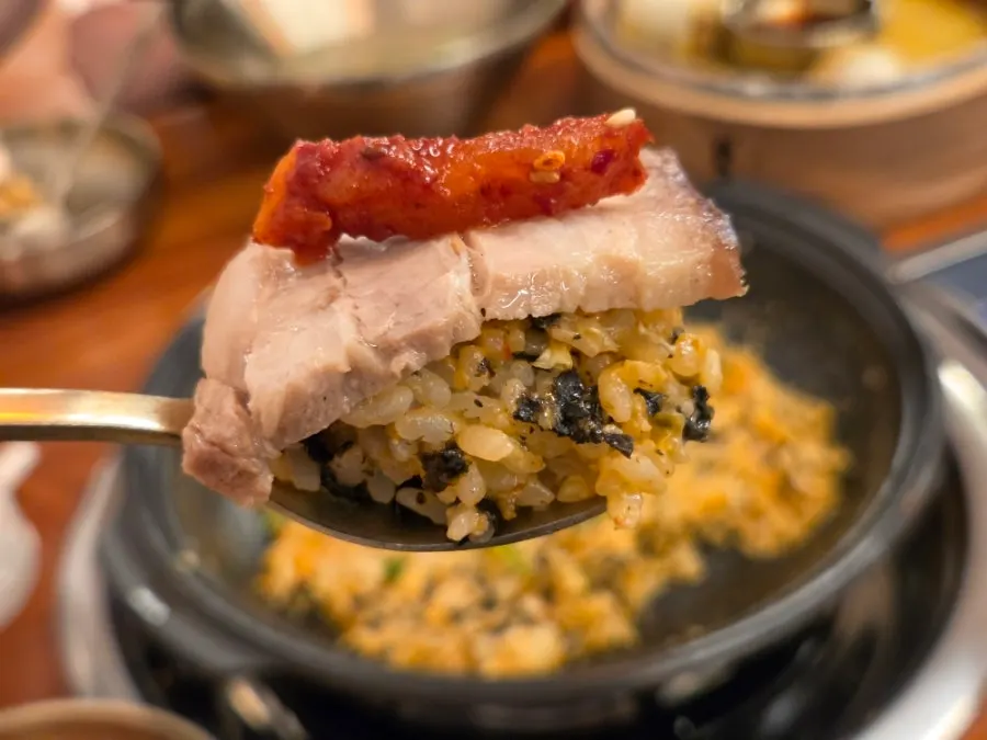 Meal with boiled pork and fried rice
