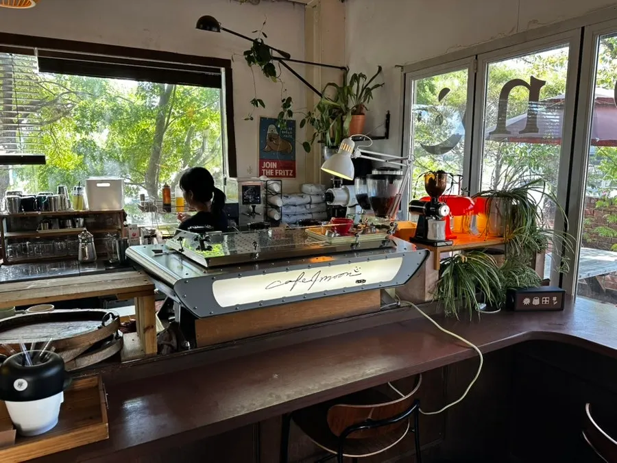 Interior of Cafe Pomun with a staghorn fern and coffee machine