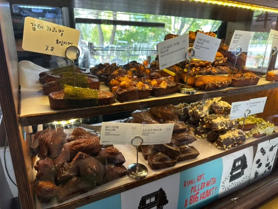 Baked goods displayed in the showcase